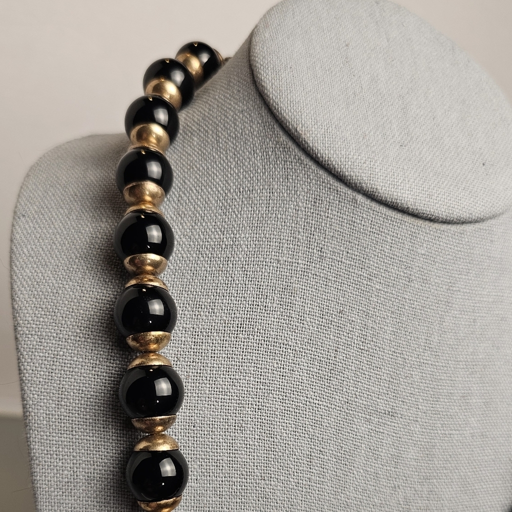 [J. CREW] Black & Gold ○● Beaded Statement Necklace with Cloth Tie - Picture 3 of 15